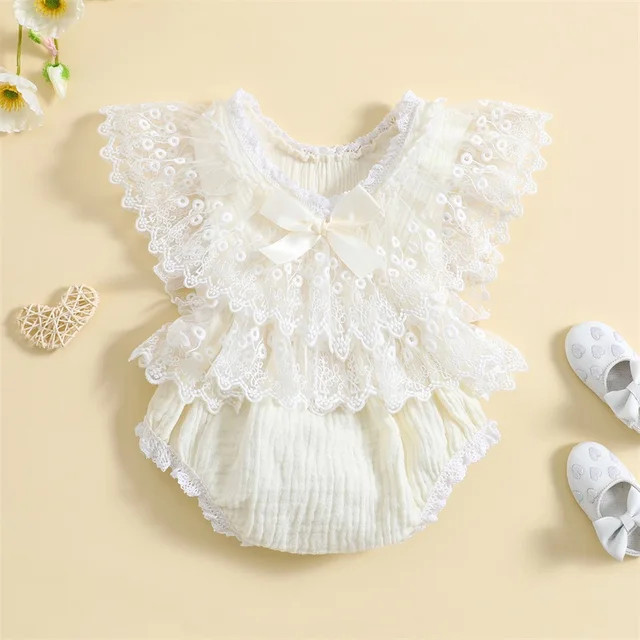 0-18months Baby Girl Floral Lace Jumpsuit Summer Casual Bow Ruffles Flying Sleeves Rompers For Toddler Girls 2