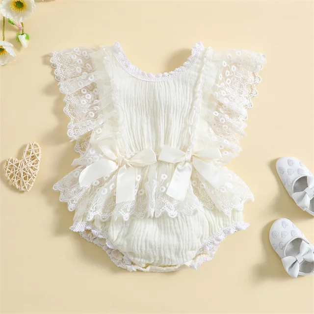 0-18months Baby Girl Floral Lace Jumpsuit Summer Casual Bow Ruffles Flying Sleeves Rompers For Toddler Girls 3