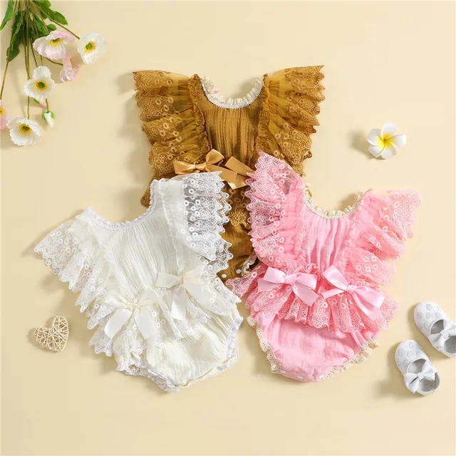 0-18months Baby Girl Floral Lace Jumpsuit Summer Casual Bow Ruffles Flying Sleeves Rompers For Toddler Girls 1