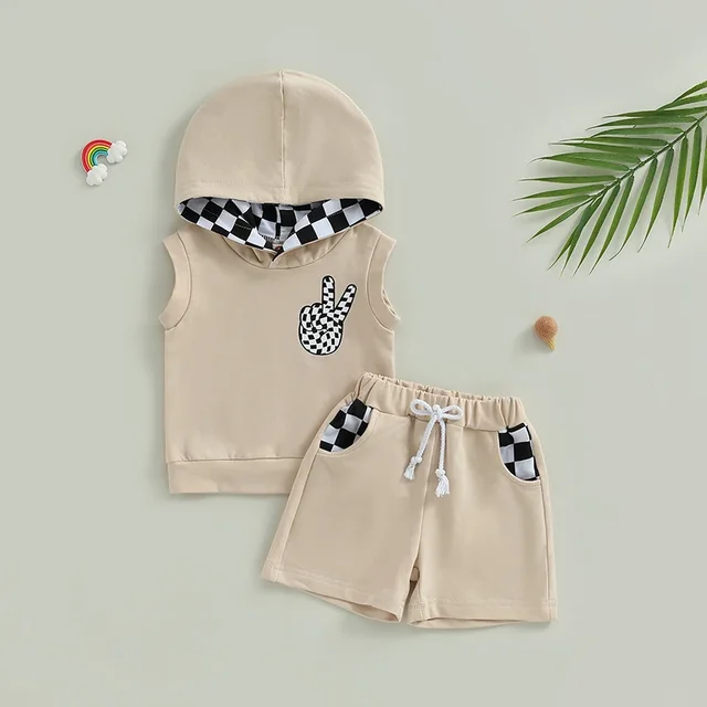 0-36months Baby Boys Summer Shorts Sets Sleeveless Hooded Vest And Drawstring Checkerboard Shorts Sets For Toddler Boys 1