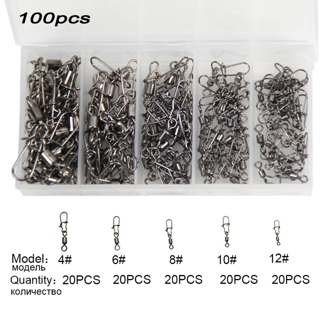 100pc/box Stainless Steel Fishing Connector Pin 4# 6# 8#10#12#  Bearing Rolling Swivel with Snap Fishhook Lure Accessories PJ202 4