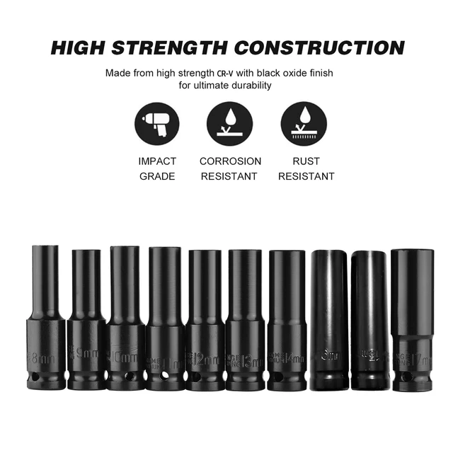 10pcs 1/2" Drive Deep Impact Socket Set Drive Metric Wrench Socket Deep Impact Socket Pneumatic Wrench Head Tire Removal Tools 5