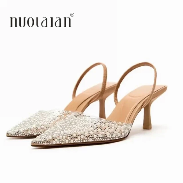 2023 Fashion Summer Women High Heels Pearl Decoration Slingback Woman Pumps Pointed Toe High Heels Sandals Elegant Woman Shoes 1