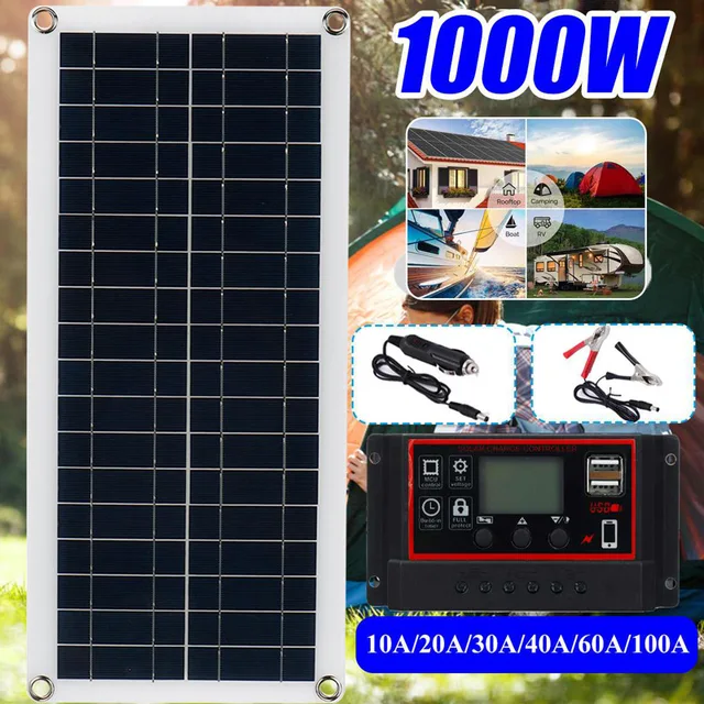 20W-1000W Solar Panel 12V Solar Cell 100A Controller Solar Panel for Phone RV Car MP3 PAD Charger Outdoor Battery Supply Camping 1