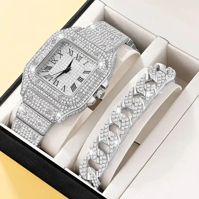 2Pcs Set Diamond Women Watches Gold Watch Ladies Wrist Watches Luxury Brand Rhinestone Womens Bracelet Watches 1