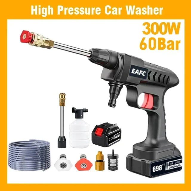 300W 60Bar Wireless High Pressure Car Wash Washer Gun 30000mAh Foam Generator Water Gun Spray Cleaner Car Washing Machine 1