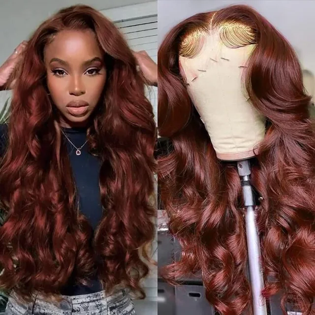 34 Inch Reddish Brown Body Wave Lace Front Wig 13x6 HD Lace Frontal Wig 13x4 Lace Front Human Hair Wigs Body Wave Closure Wig 1