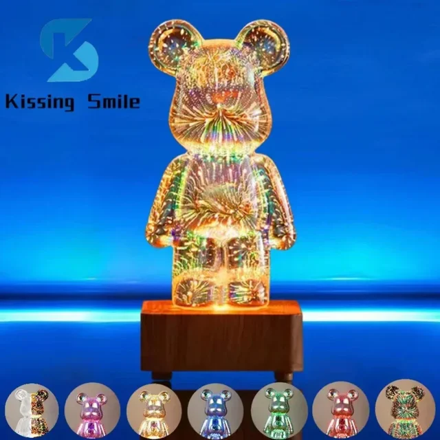 3D Fireworks Bear Lamp Usb Led Night Light Bedroom Decoration Cute Table Desk Projection Atmosphere 7 Color Changeable Kid Gift 1