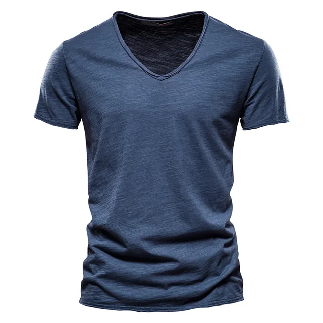 AIOPESON 100% Cotton Men T-shirt V-neck Fashion Design Slim Fit Soild T-shirts Male Tops Tees Short Sleeve T Shirt For Men 1