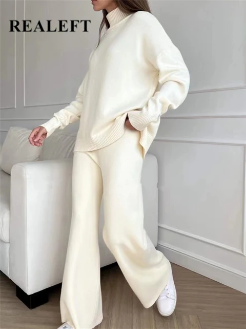 Autumn Winter 2 Pieces Women Sets Knitted Tracksuit Turtleneck Sweater and Straight Jogging Pants Suits 1