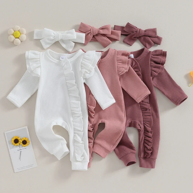 Baby Clothing Solid Romper Girls Soft O-neck Long Sleeve Ruffled Jumpsuit Headband For Newborn Clothes Costume 1