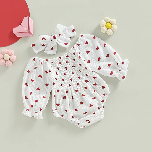 Baby Girls Rompers Princess Girls Heart Print Cotton Linen Jumpsuits Overalls Newborn Clothes 1