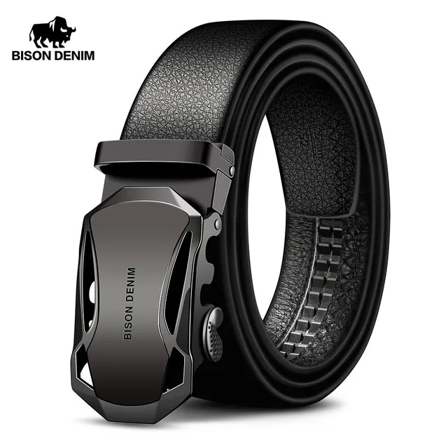 BISON DENIM Men's Belt Cow Leather Belts Brand Fashion Automatic Buckle Black Genuine Leather Belts for Men 3.4cm Width N71314 1