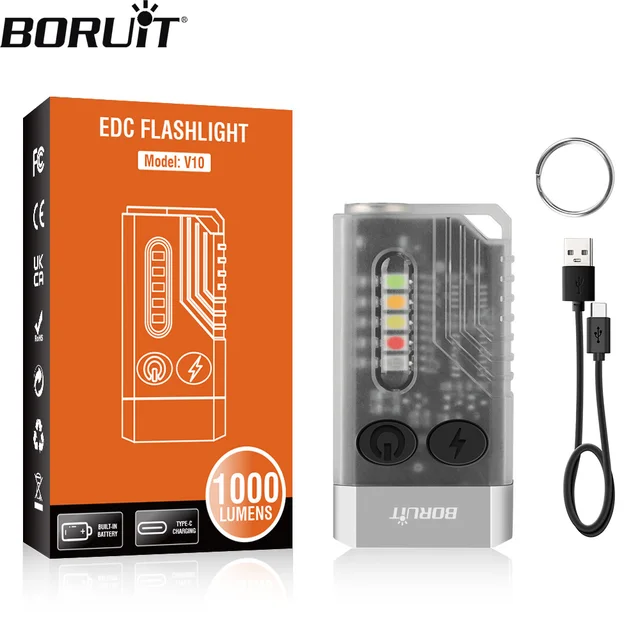 BORUiT V10 EDC Keychain Flashlight Portable Mini Torch Type-C Rechargeable Work Light With Magnet UV Beep Camping Pocket Lantern 1