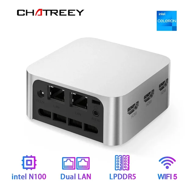 Chatreey Mini PC  Intel Celeron Quad Core N100 Pocket Computer 3xHDMI 2.0 2xGigabit Ethernet  Windows 11 Wifi5 1