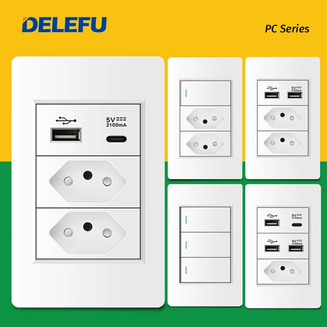 DELEFU Fireproof PC Panel Brazil Standard Outlet Double USB Type C Wall Power Socket Light Switch Office 118*72mm White 10A 20A 1