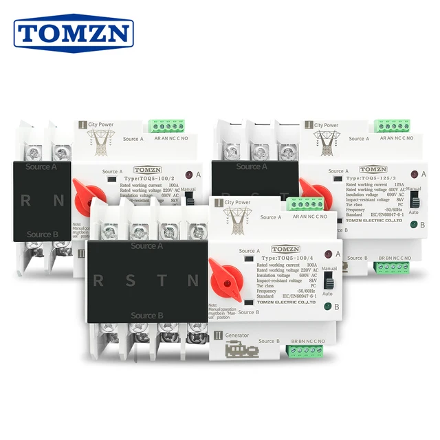 Din Rail 2P 3P 4P ATS Dual Power Automatic Transfer Switch Electrical Selector Switches Uninterrupted Power 63A 100A TOMZN Mini 1