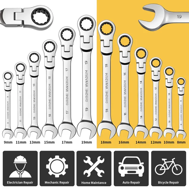 Flex Head Ratcheting Wrench Set,Combination Ended Spanner kits, Chrome Vanadium Steel Hand Tools Socket Key Ratchet Wrench set 2