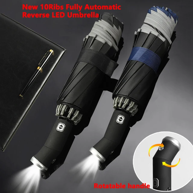 Fully Automatic Reverse Folding Umbrella With LED Flashlight 10Ribs Windproof Reflective Stripe UV Umbrellas For Sun Or Rain Day 1