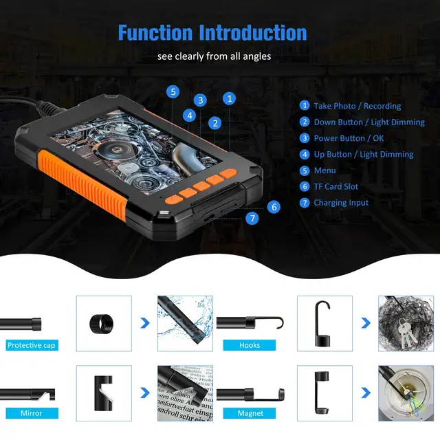 Industrial Endoscope Camera 1080P 4.3 Inch IPS Single Dual Lens Pipe Car Inspection Borescope IP68 Waterproof With LED 5