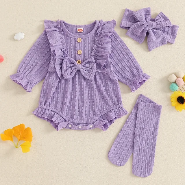 Infant Baby Girls Romper Long Sleeve O Neck Solid Color Ruffled Romper with Headband and Leg Warmers Newborn Clothes 1