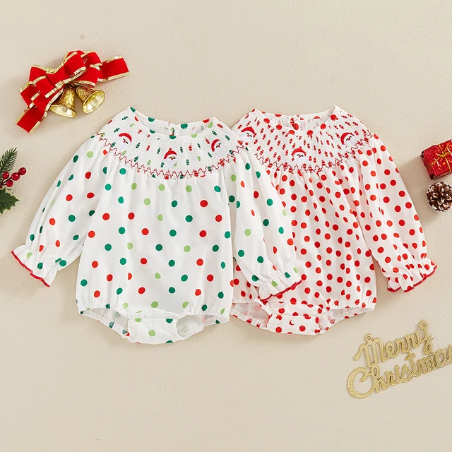 Lovely Newborn Baby Girls Christmas Rompers 0-3Y Long Sleeve Dots Print Santa Claus Embroidery Loose Jumpsuits Playsuits 1