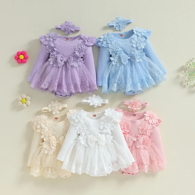 ma&baby 1-18M Newborn Infant Toddler Baby Girls Romper Lace Flower Bow Long Sleeve Jumpsuit Headband Fall Spring Outfits 1