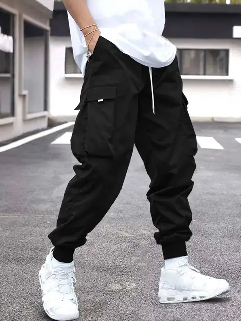 Men Flap Pocket Side Drawstring Waist Cargo Pants 1