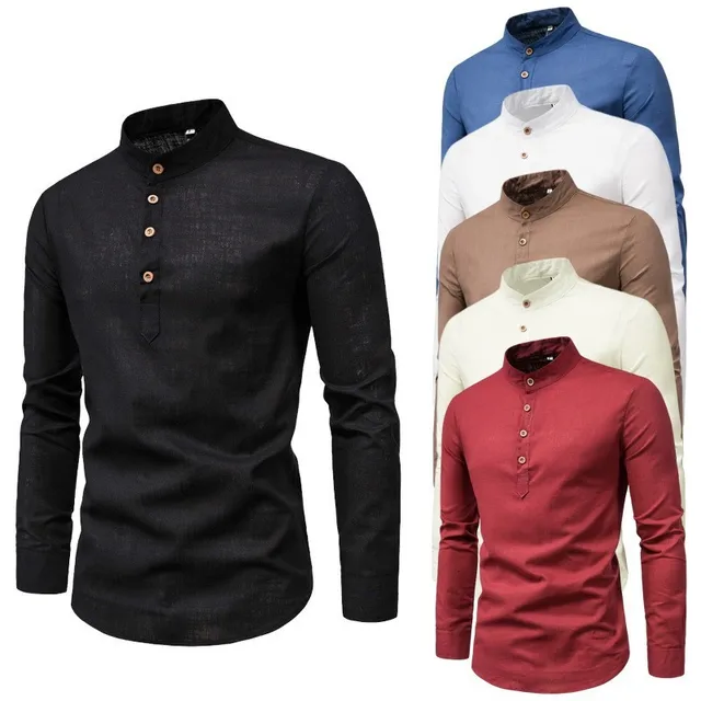 Men's solid color casual slim fitting standing collar long sleeved business shirt shirt 1