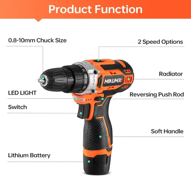 MINUMX 12V Electric Screwdriver 25 Plus 1 Settings Cordless Drill Two Gear Speed Mini Wireless Power Driver Battery Tools 2