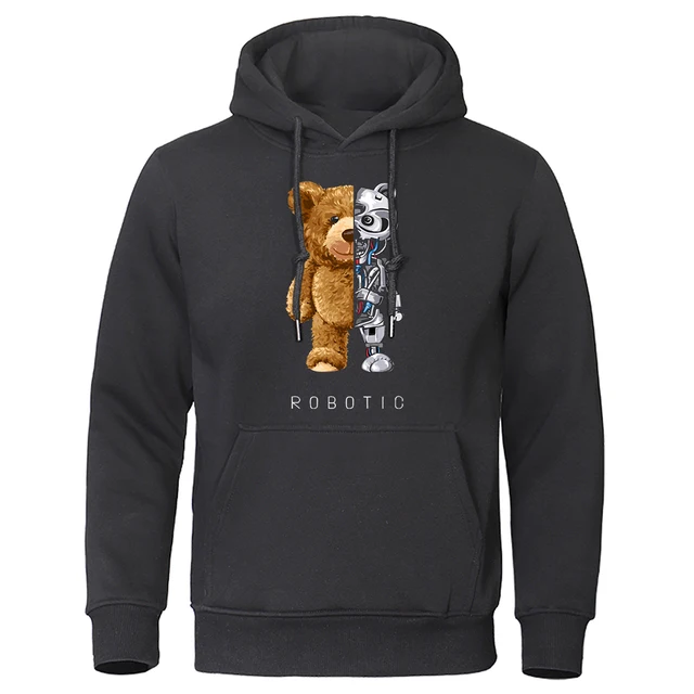 New Funny Teddy Bear Robot Hoodie Robotic Bear Clothing Casual Hooded Men Fashion Sweatshirts Fleece Oversized Loose Streetwear 1