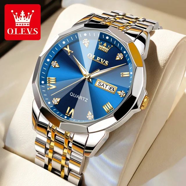 OLEVS Men's Watches Rhombus Mirror Original Quartz Watch for Man Waterproof Luminous Stainless Steel Wristwatch Male Date Week 1