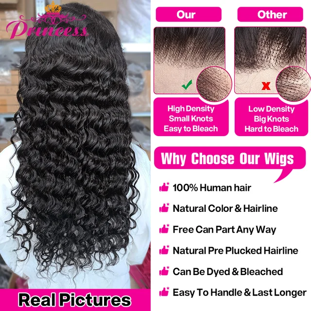 Princess 13x4/13x6 HD Transparent Lace Front Human Hair Wigs PrePlucked Brazilian Deep Wave Lace Frontal Wig with Baby Hair 4