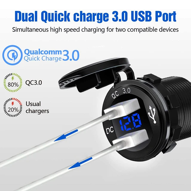 Quick Charger Aluminum QC3.0 Dual USB Car Charger with Switch Button LED Voltage Display for 12V/24V Cars Boats Motorcycle 3