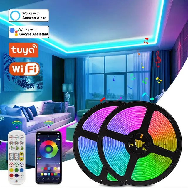 RGB Tape Tuya WiFi Smart LED Strip DC 12V 5050 Ribbon Work with Alexa Voice Control Color Change Bedroom Decoration 5m 20m Light 1