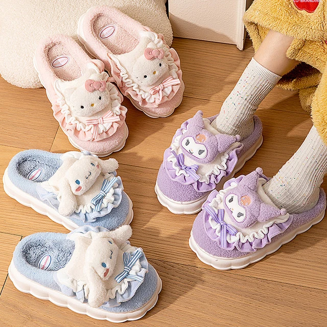 Sanrio Hello Kitty Home Fuzzy Slipper Cartoon Kuromi Cinnamoroll  Yk2 Women Winter Plush Non Slip Slippers girl Cute Flat Shoes 1