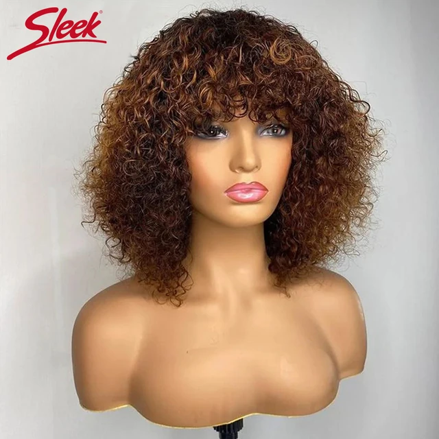 Short Pixie Bob Cut Human Hair Wigs With Bangs Jerry Curly Non lace front Wig Highlight Honey Blonde Colored Wigs For Women 1