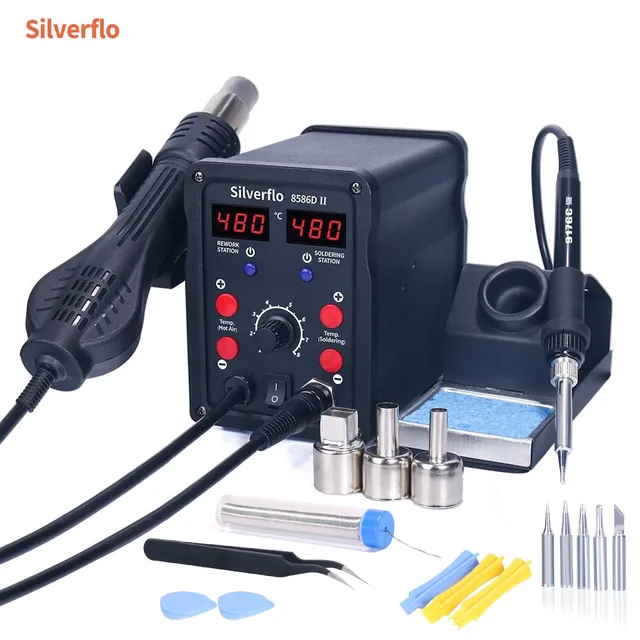 Silverflo 8586D Soldering Station 2 IN 1 Hot Air Gun Solder Station with 2 Digital display,10-Minute Sleep Mode for SMD Rework 1