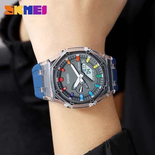 SKMEI Waterproof Men Watch Countdown Stopwatch Led Light Electronic Movement Wristwatch 5Alarm Clock 2 Time Digital Watches 2100 3