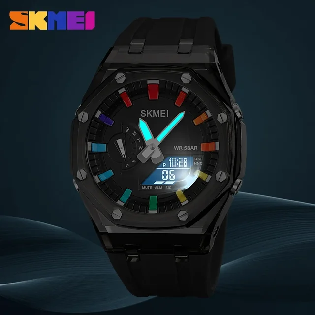 SKMEI Waterproof Men Watch Countdown Stopwatch Led Light Electronic Movement Wristwatch 5Alarm Clock 2 Time Digital Watches 2100 4