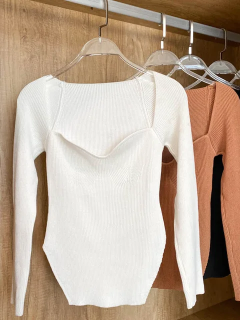 Square Collar Long Sleeve Woman Sweaters Knitted Pullover Women Spring Autumn Sweater Winter Tops For Women Black White Jumper 4