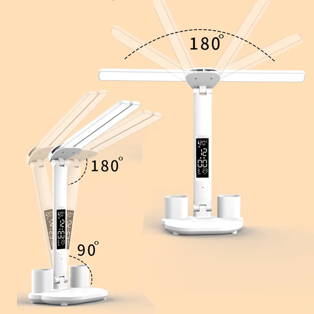 Table Lamp LED Double-headed Multifunction Foldable Touch With Calendar Clock USB Desk Lamp For Bedroom Bedside Reading Light 6