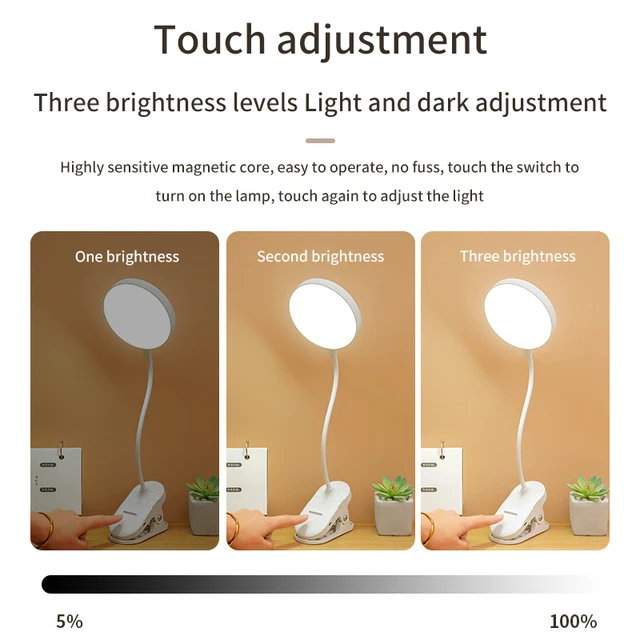 Table Lamp USB Rechargeable Desk Lamp With Clip Bed Reading Book Night Light LED Touch 3 Modes Dimming Eye Protection Light 3