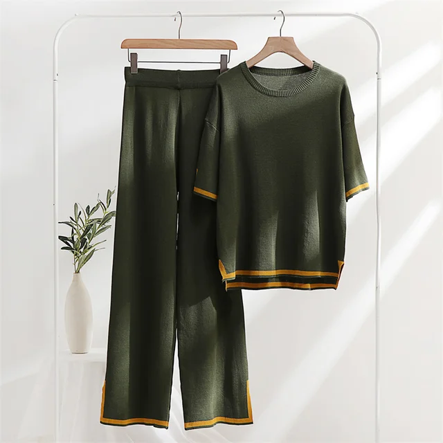 Two Piece Set Elegant Pants Sets Ice Knitted Summer Outfits For Women 2023 Short Sleeve Pajama Suit 4