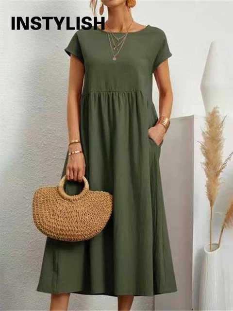 Vintage Solid Midi Dress Casual Short Sleeve Cotton and Linen Harajuku Oversized Long Dress Women Summer Y2K Maxi Sundress 2023 1