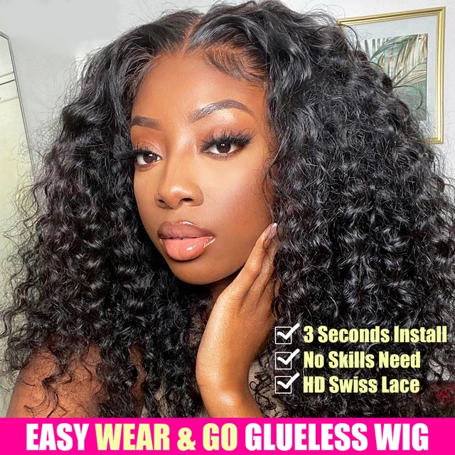 Water Wave Glueless Wig Pre-Cut HD Lace Wig 180% Pre-Plucked Natural Wave Glueless Curly Human Hair Wigs For Women 1