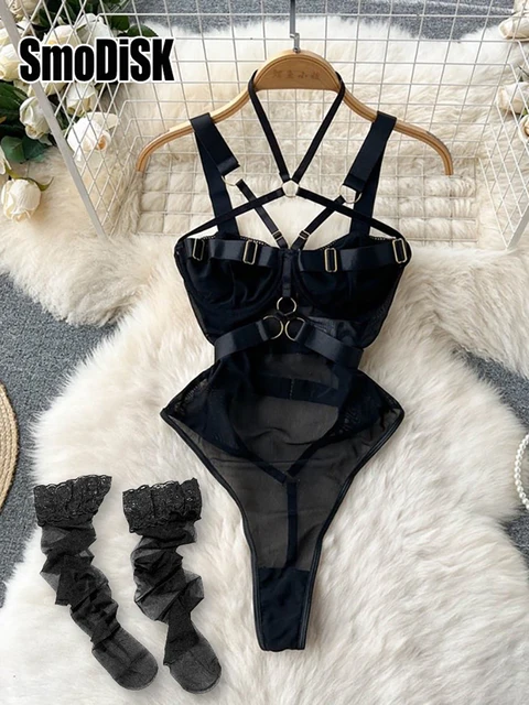 Women's Hollow Combination Bodysuit Slim Fit Erotic Mesh Lace Jumpsuit Bodysuit Sexy Fashion Pajamas 1