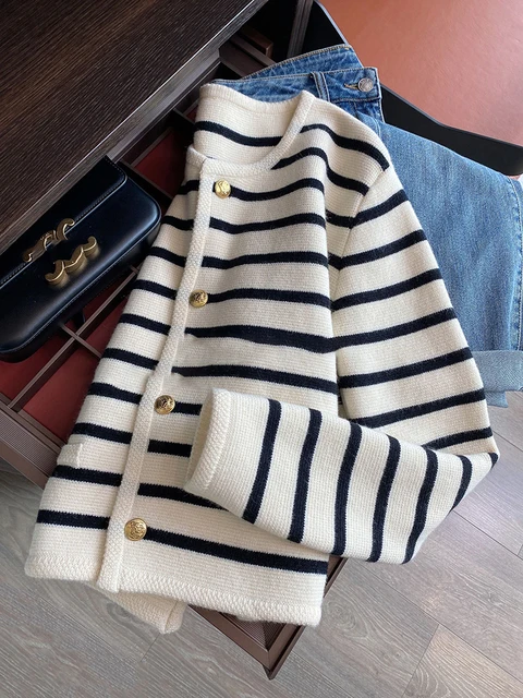 Women Spring Autumn Sweaters O-neck Stripe Knitted Cardigan Fashion Long Sleeve Casual Short Tops Korean Style New 1