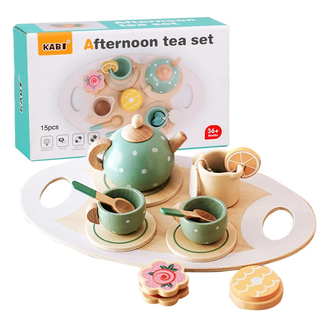 Wooden Afternoon Tea Set Toy Pretend Play Food Learning Role Play Game Early Educational Toys for Toddlers Girls Boys Kids Gifts 1