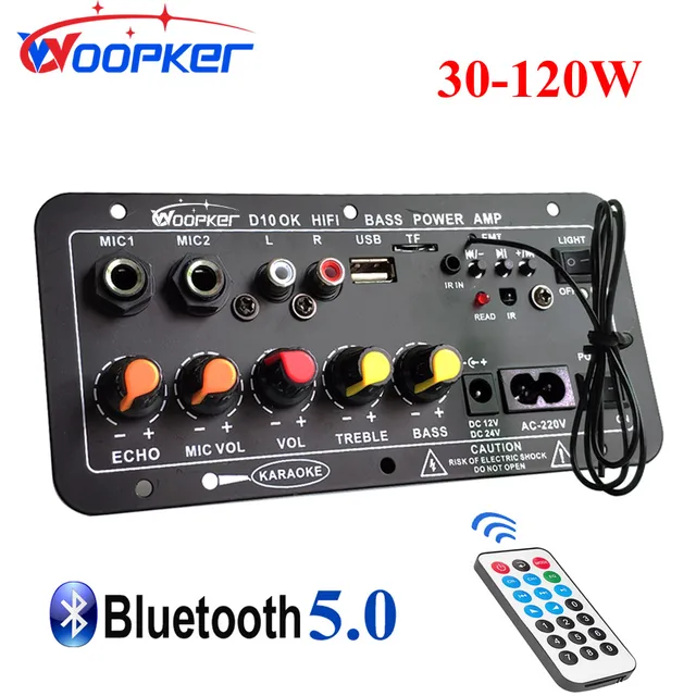 Woopker Audio Amplifier Board 30-120W Support Dual Microphone Bluetooth Amplificatore Subwoof for 4Ohm Speaker 12V 24V 110V 220V 1